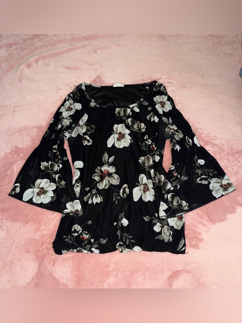 Black Floral Bell-Sleeve Long Sleeve Top